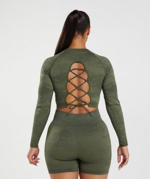 Gymshark Adapt Camo Seamless Lace Up Back Top Long Sleeve Top Olijfgroen | 76HRCYZBG