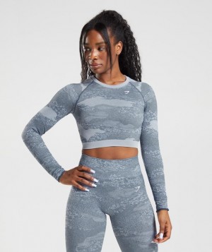 Gymshark Adapt Camo Seamless Lace Up Back Top Long Sleeve Top Blauw | 90UVRHPYO