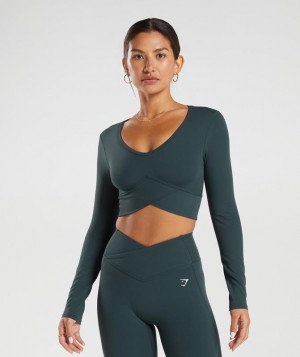 Gymshark Crossover Long Sleeve Crop Top Crop Tops Darkest Teal | 71KOQXWGZ