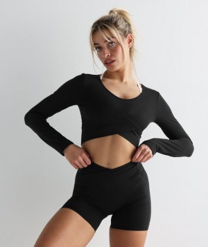 Gymshark Crossover Long Sleeve Crop Top Crop Tops Zwart | 62WAGHBPQ