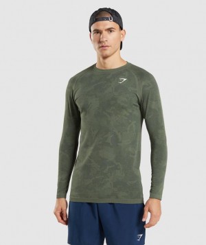 Gymshark Geo Seamless Long Sleeve T-Shirt T-Shirts Core Olive/Black | 64PUQYBKT