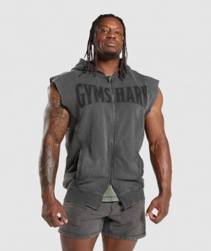 Gymshark Heritage Washed Sleeveless Zip Hoodie Hoodies Grijs | 69DZGQMXL