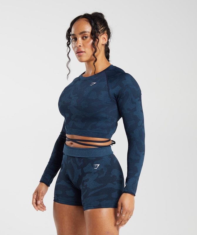 Gymshark Adapt Camo Seamless Ribbed Long Sleeve Crop Top Crop Tops Blauw | 05ZIYCAHV