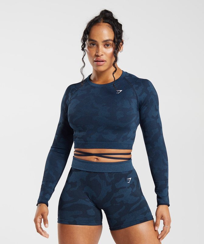 Gymshark Adapt Camo Seamless Ribbed Long Sleeve Crop Top Crop Tops Blauw | 05ZIYCAHV