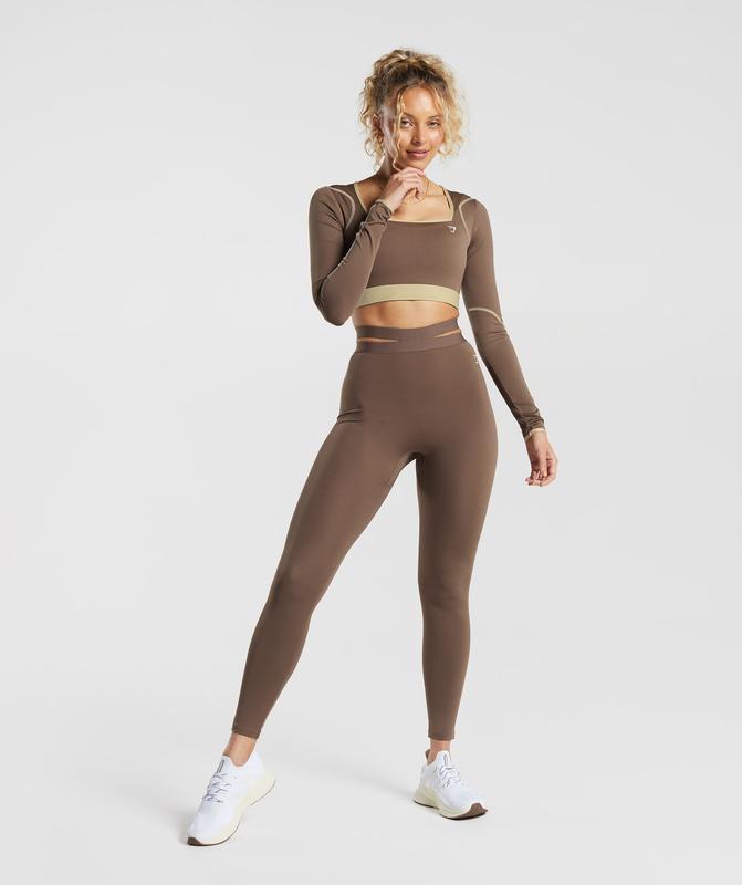 Gymshark Contrast Long Sleeve Crop Top Crop Tops Beige | 15WSRBLOI