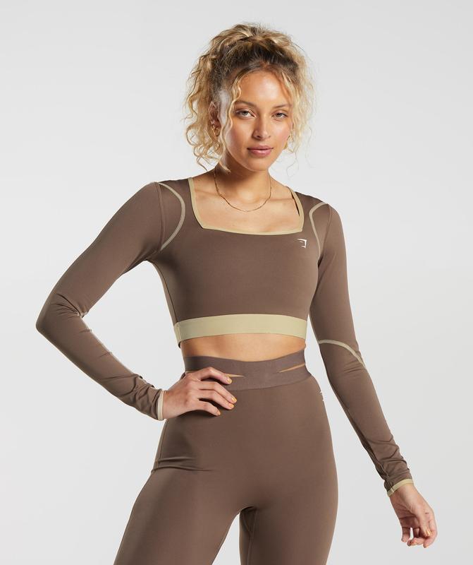 Gymshark Contrast Long Sleeve Crop Top Crop Tops Beige | 15WSRBLOI