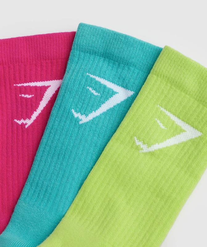 Gymshark Crew Socks 3pk Sokken Citrus Green/Capri Blue/Bold Magenta | 83BUTWCLZ