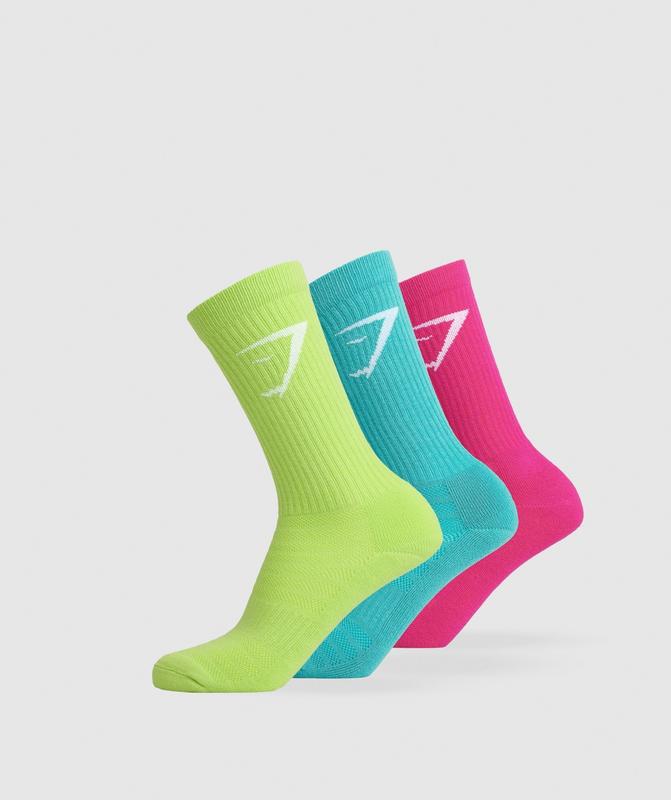 Gymshark Crew Socks 3pk Sokken Citrus Green/Capri Blue/Bold Magenta | 83BUTWCLZ