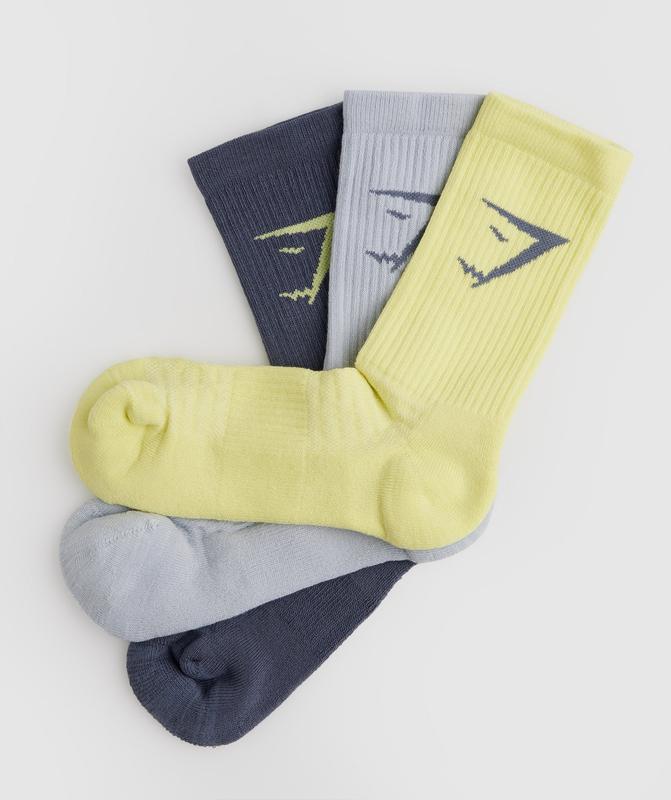 Gymshark Crew Socks 3pk Sokken Green/Grey/Blue | 47GQSKEVD