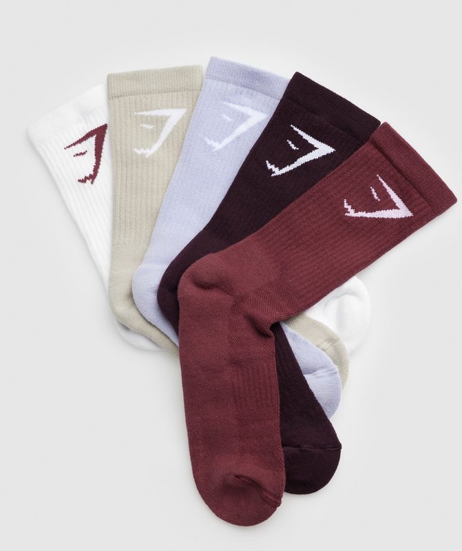 Gymshark Crew Socks 5pk Sokken Brown/Lilac/Burgundy/Plum/White | 45HTUIXKP