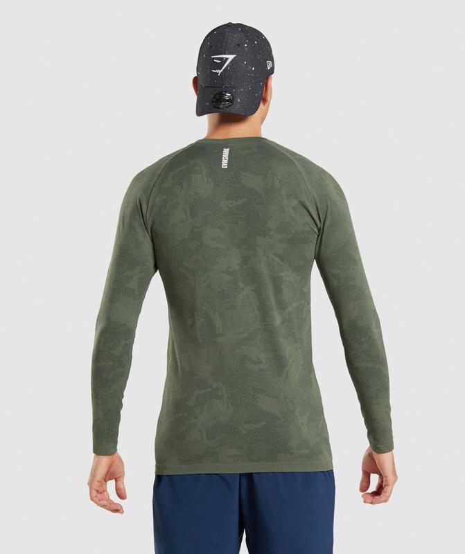 Gymshark Geo Seamless Long Sleeve T-Shirt T-Shirts Core Olive/Black | 64PUQYBKT