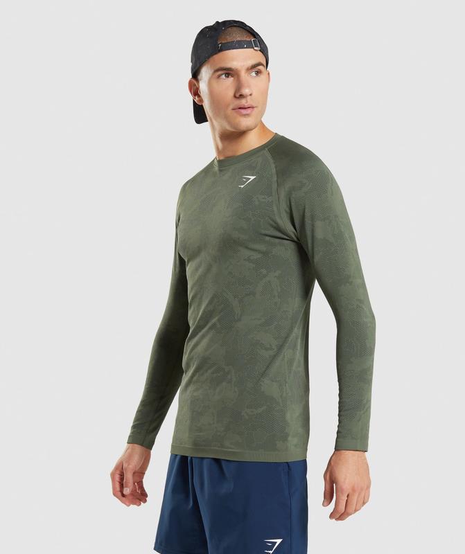 Gymshark Geo Seamless Long Sleeve T-Shirt T-Shirts Core Olive/Black | 64PUQYBKT