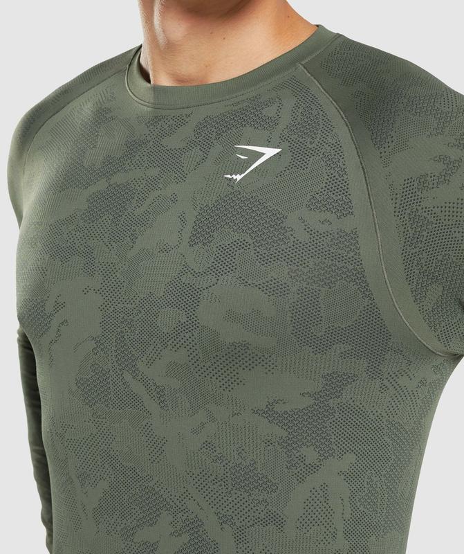 Gymshark Geo Seamless Long Sleeve T-Shirt T-Shirts Core Olive/Black | 64PUQYBKT