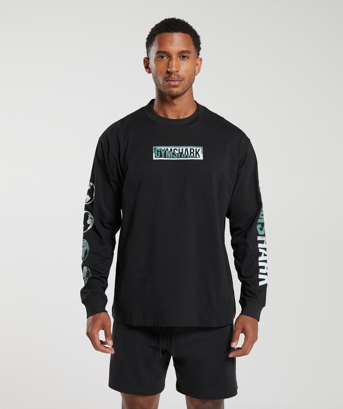 Gymshark Global Graphic Long Sleeve T-Shirt Long Sleeve Top Zwart | 72UZYPTAB