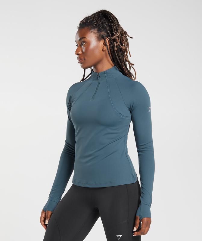 Gymshark Running 1/4 Zip Pullovers Smokey Teal | 65DNUWKQJ