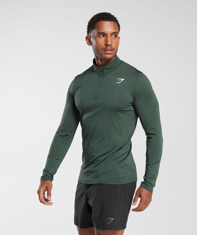 Gymshark Sport Seamless 1/4 Zip Pullovers Fog Green/Black | 92QAGLMRH