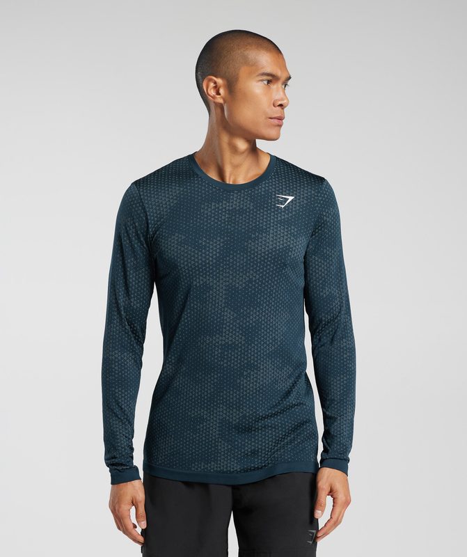 Gymshark Sport Seamless Long Sleeve T-Shirt Long Sleeve Top Navy/Denim Teal | 58DKOYLFG