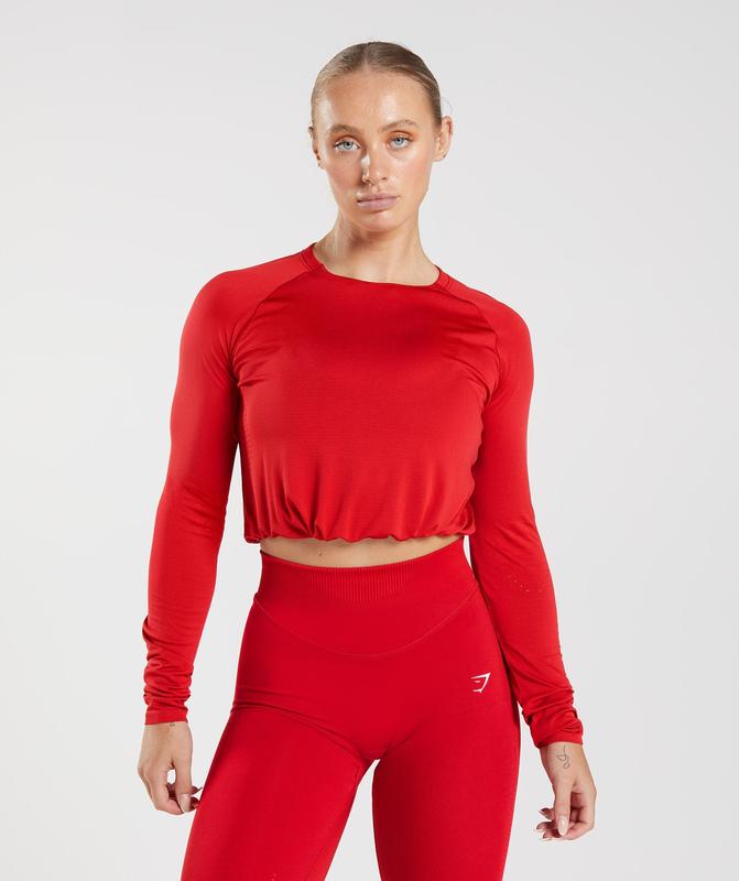 Gymshark Sweat Seamless Long Sleeve Crop Top Crop Tops Rood | 14GWCQPSA