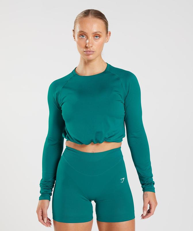 Gymshark Sweat Seamless Long Sleeve Crop Top Crop Tops Rich Teal | 69KBGSPRN