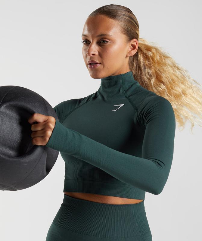 Gymshark Vital Seamless 2.0 High Neck Midi Top Crop Tops Groen | 59FVAWGYT