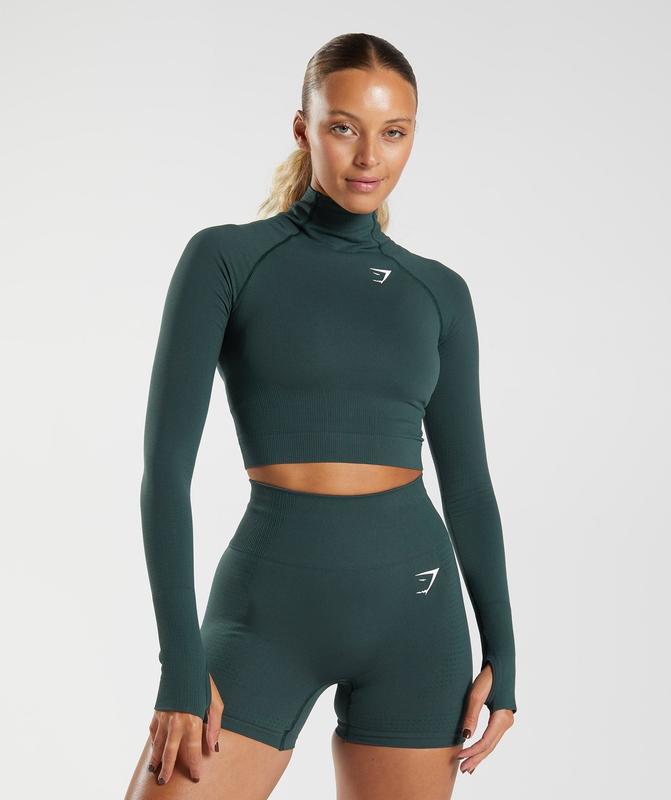 Gymshark Vital Seamless 2.0 High Neck Midi Top Crop Tops Groen | 59FVAWGYT